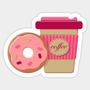 Paper cup of hot coffee to go and frosted pink donut Sticker